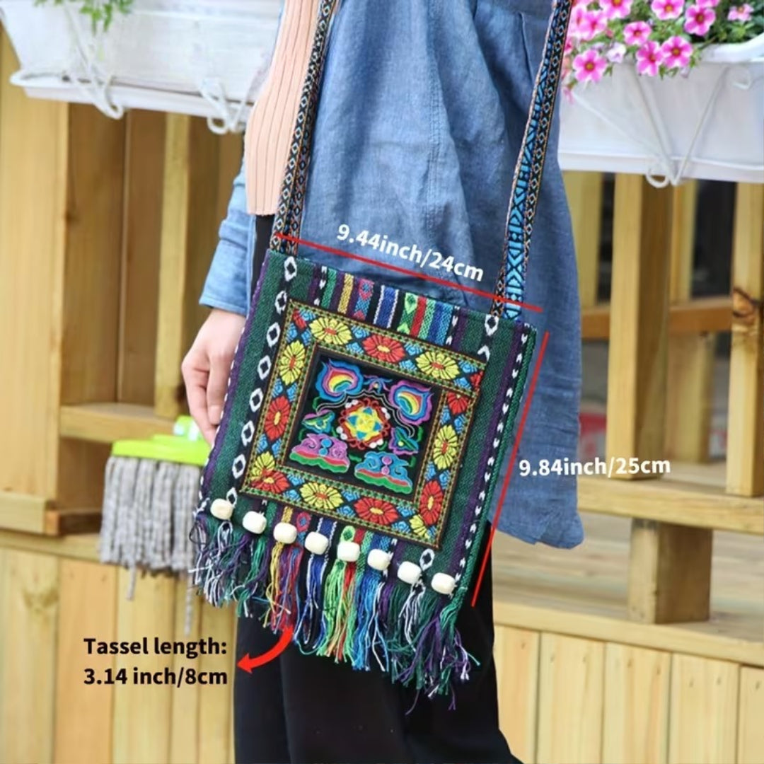 Raya’s Artful Harmony | Embroidered Fringe Shoulder Bag