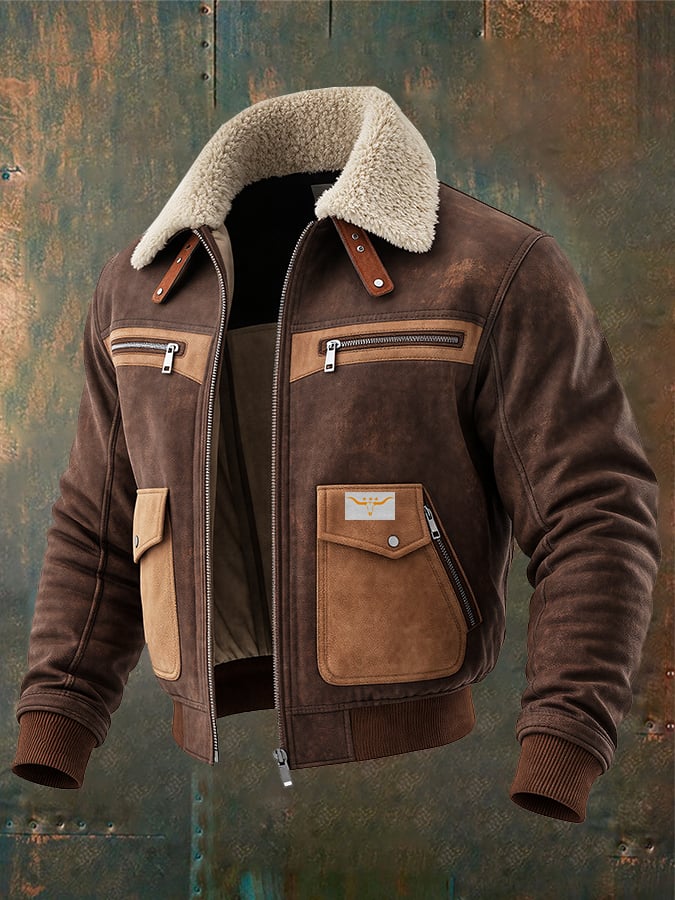 Owen™ | BROWN SUEDE BOMBER JACKET WITH WARM SHERPA COLLAR