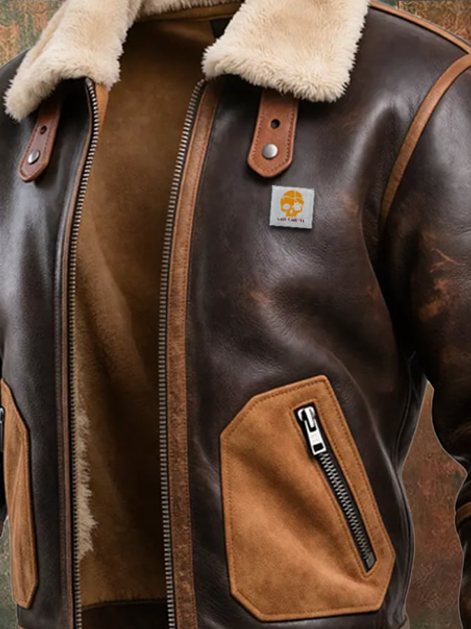 Owen™ | WARM BROWN LEATHER JACKET WITH SHERPA COLLAR