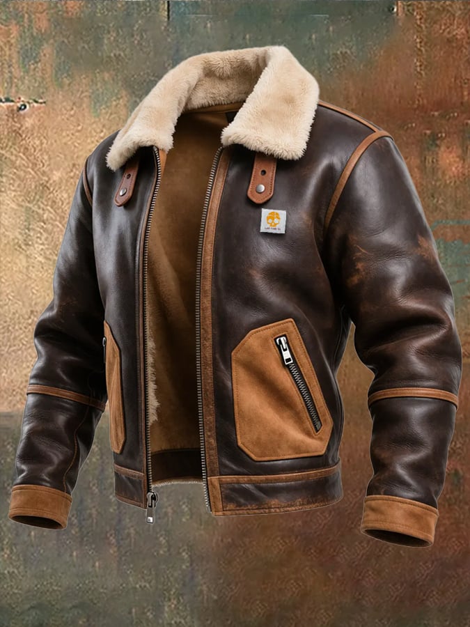 Owen™ | WARM BROWN LEATHER JACKET WITH SHERPA COLLAR