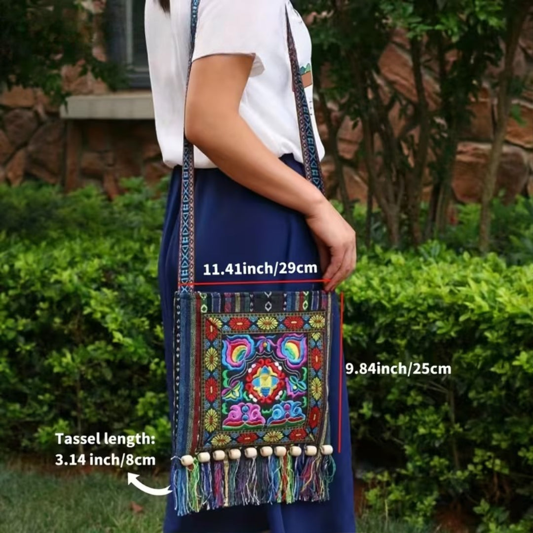 Raya’s Artful Harmony | Embroidered Fringe Shoulder Bag