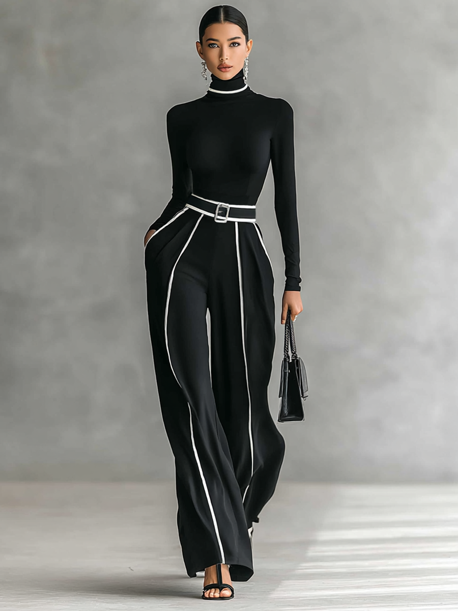 Layla may | Black Contrast Belted Jumpsuit