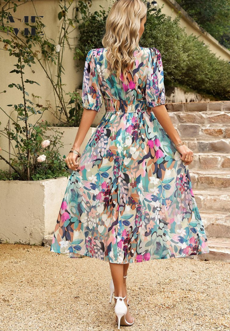Monica | Floral Midi Dress with Puff Sleeves