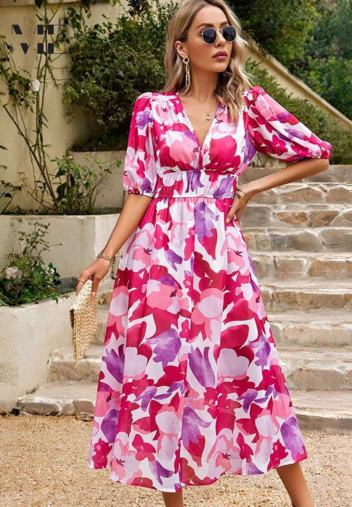 Monica | Floral Midi Dress with Puff Sleeves