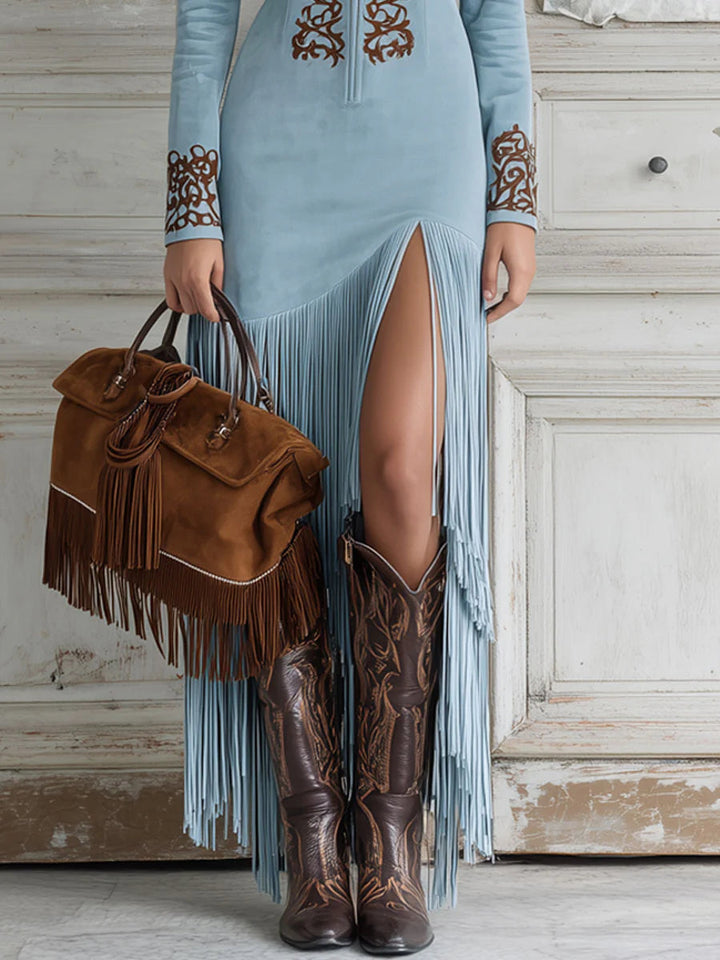 Claudine | Elegant Autumn Embroidered Fringe Gown