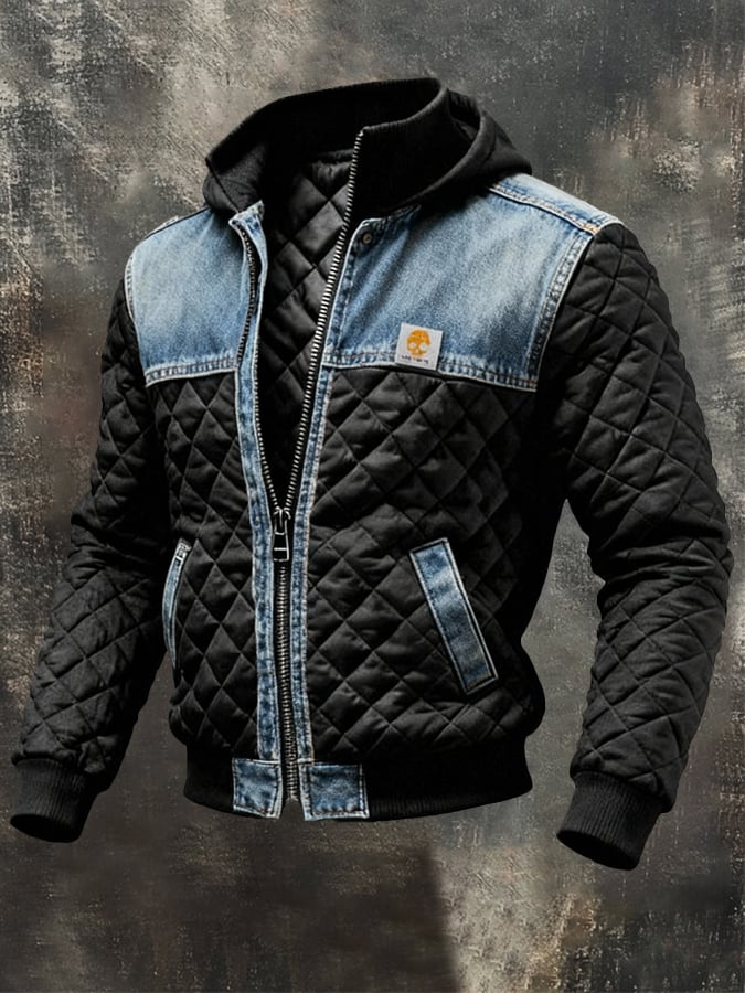 Owen™ | BLACK QUILTED JACKET WITH DENIM DETAILS