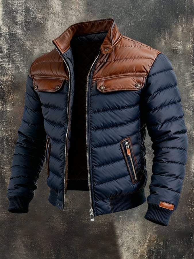 Owen™ |  NAVY BLUE QUILTED JACKET WITH LEATHER PANELS
